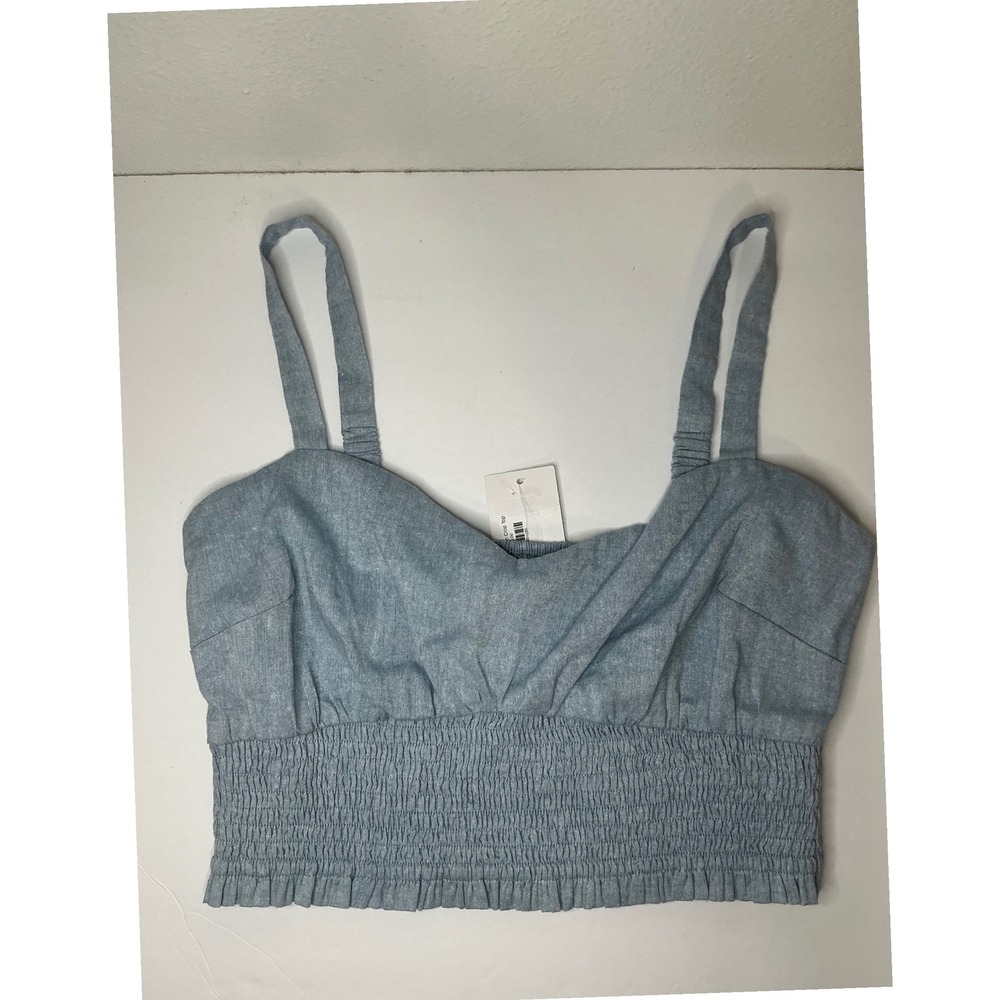 Lost + Wander Blue Lagoon‎ Smocked Crop Top Linen Blend Coastal Cowgirl Causal L